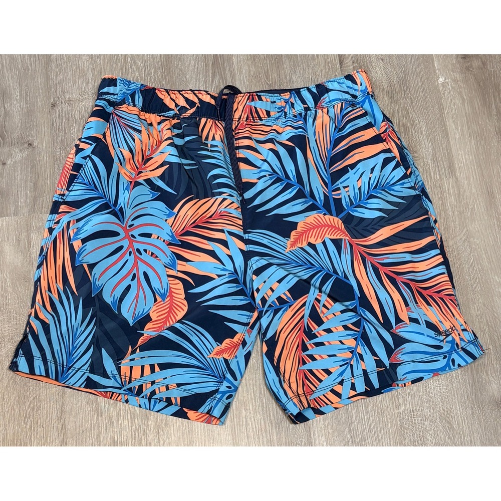 Speedo Mens Tropical Palm Leaf Swim Trunks Navy Blue Orange Large